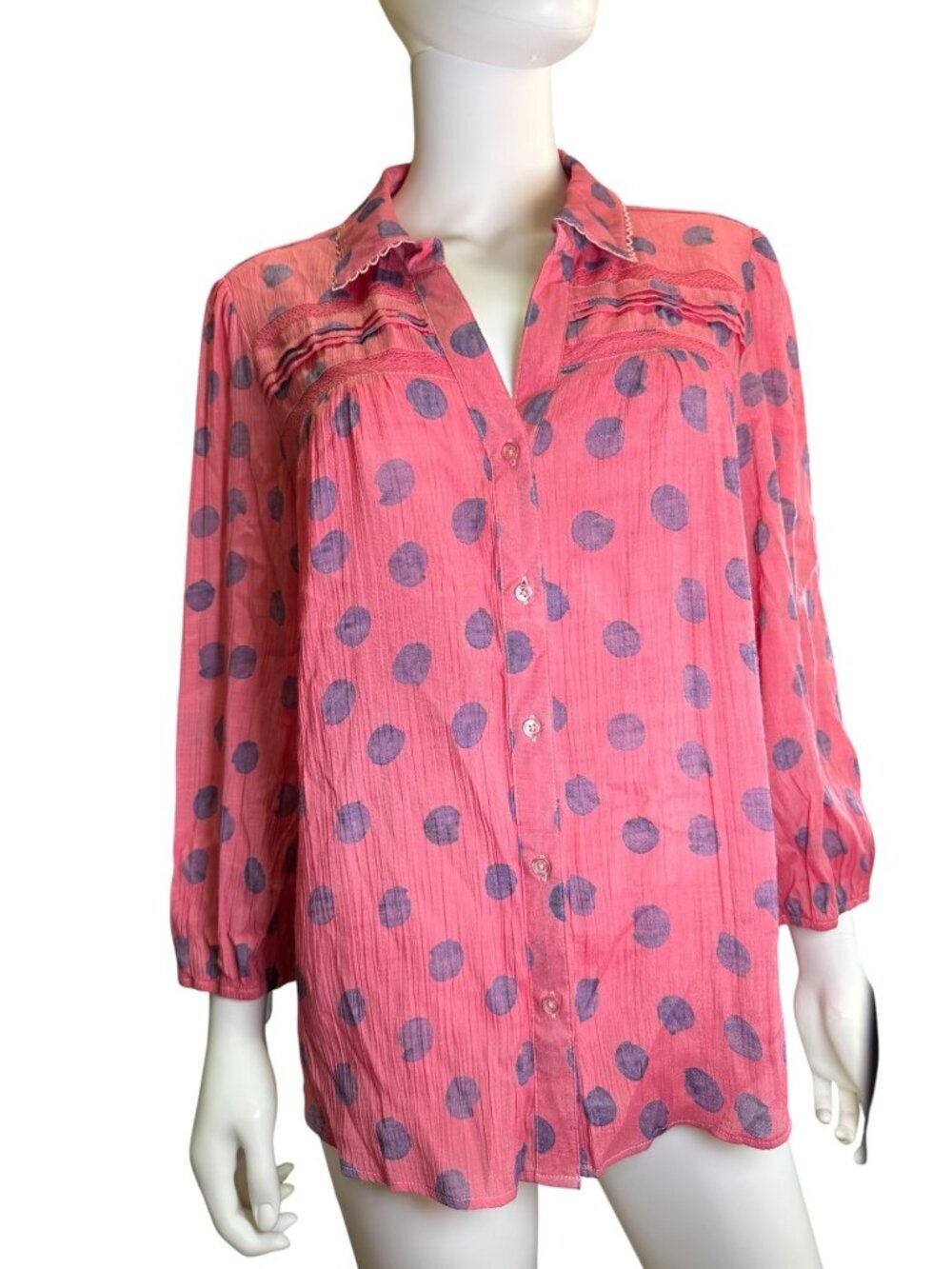Hope & Harlow Pink Polka Dot Button-Down Blouse XL Lightweight Rayon Blend EUC